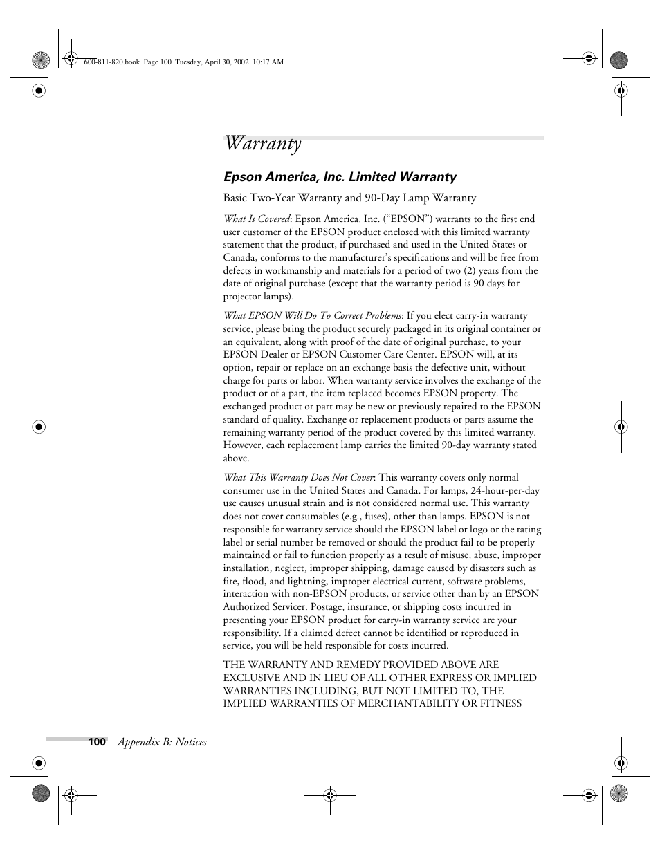 Warranty | Epson 811p User Manual | Page 106 / 119