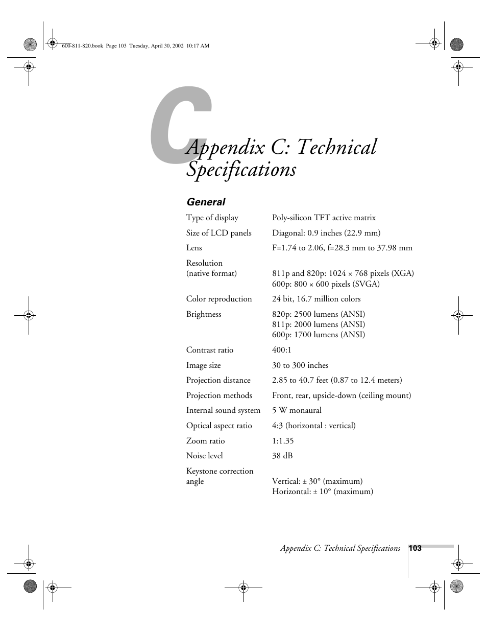 Appendix c-technical specifications, General, Appendix c: technical specifications | Epson 811p User Manual | Page 109 / 119