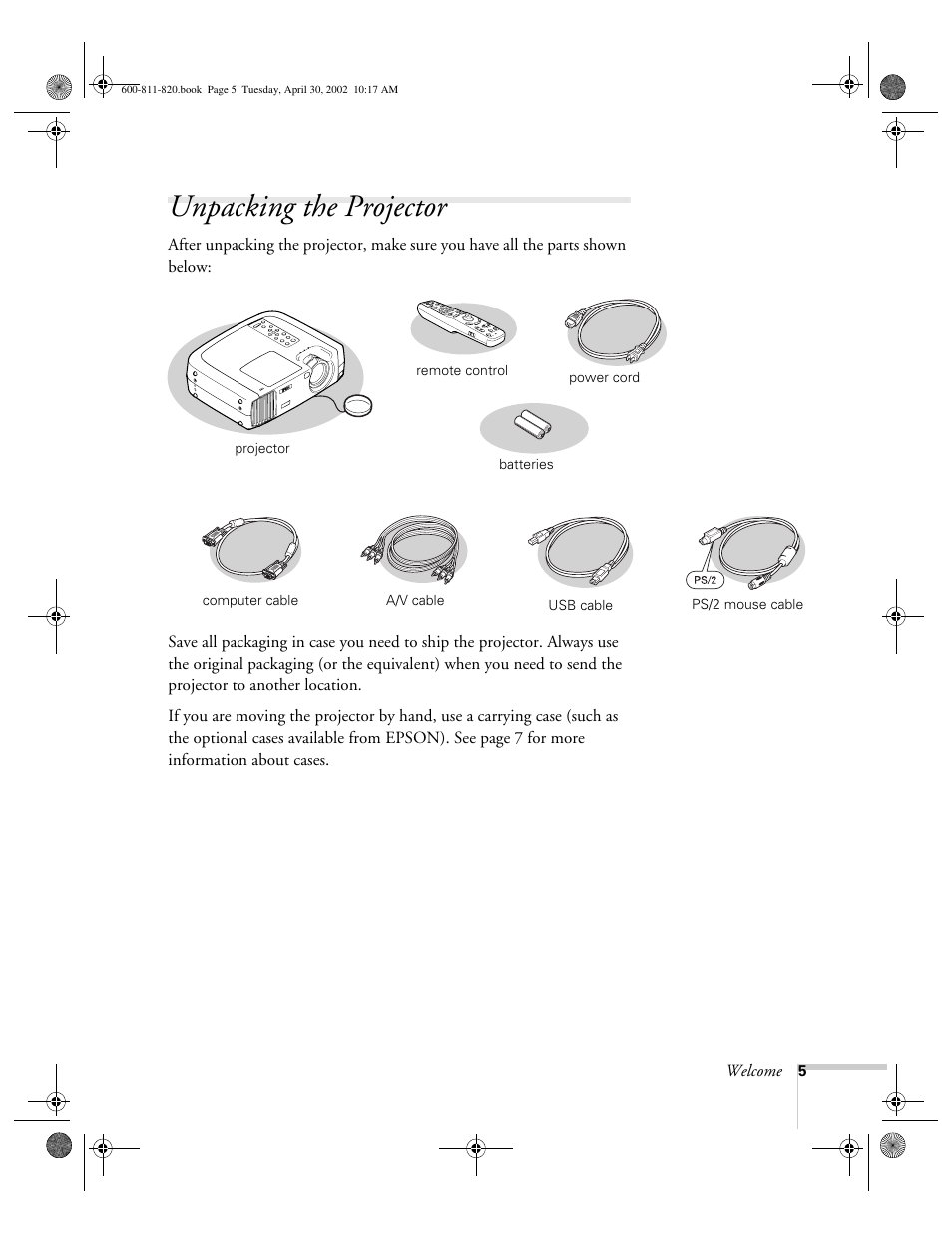 Unpacking the projector | Epson 811p User Manual | Page 11 / 119