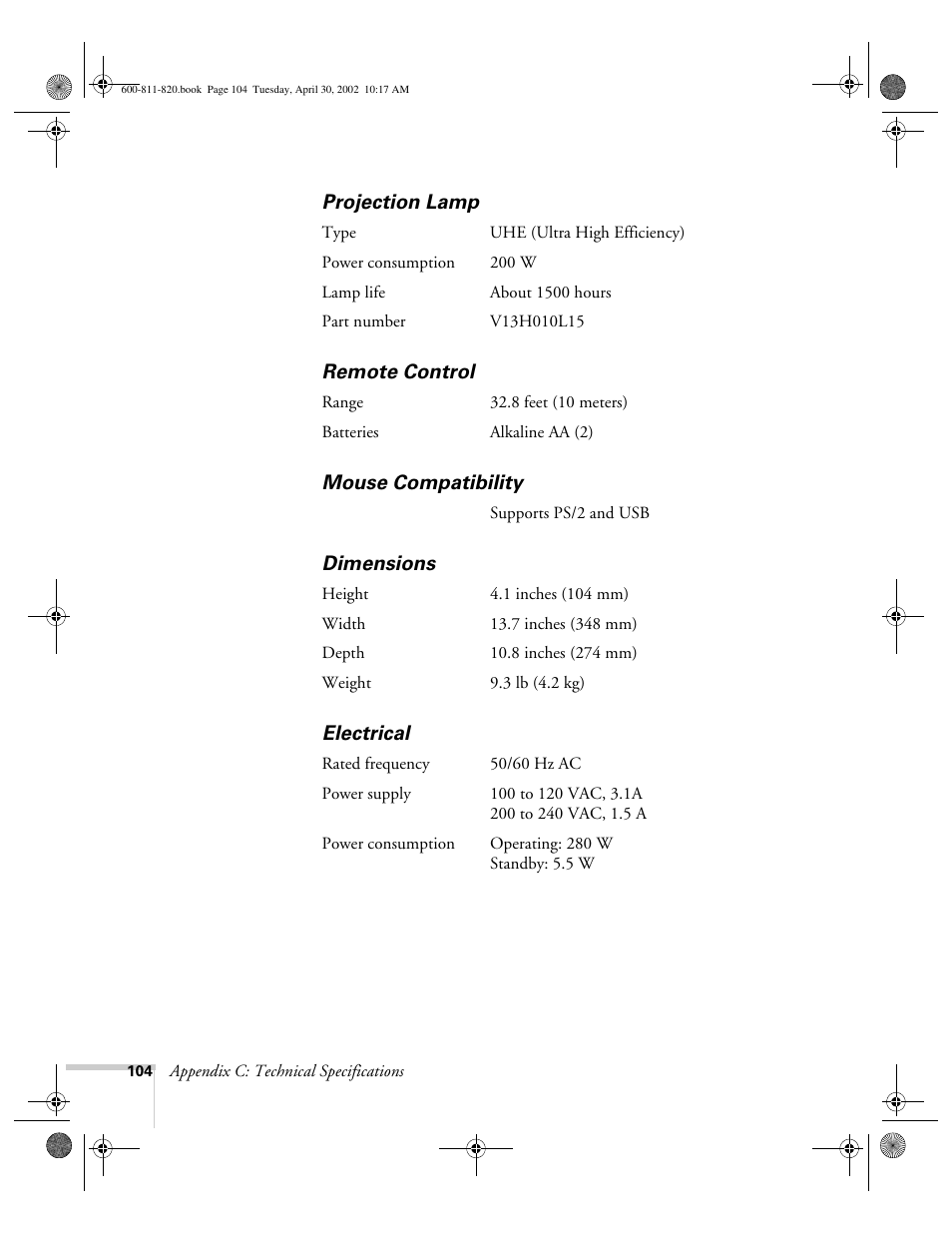 Projection lamp, Remote control, Mouse compatibility | Dimensions, Electrical | Epson 811p User Manual | Page 110 / 119