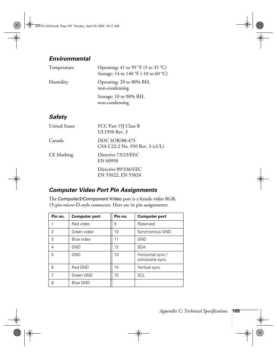Environmental, Safety, Computer video port pin assignments | Epson 811p User Manual | Page 111 / 119