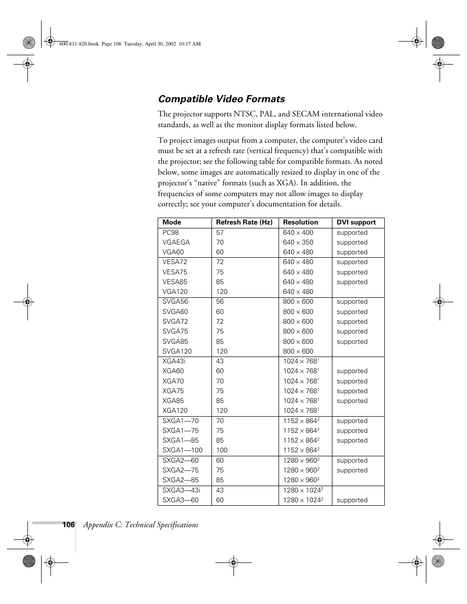 Compatible video formats, Appendix c: technical specifications | Epson 811p User Manual | Page 112 / 119