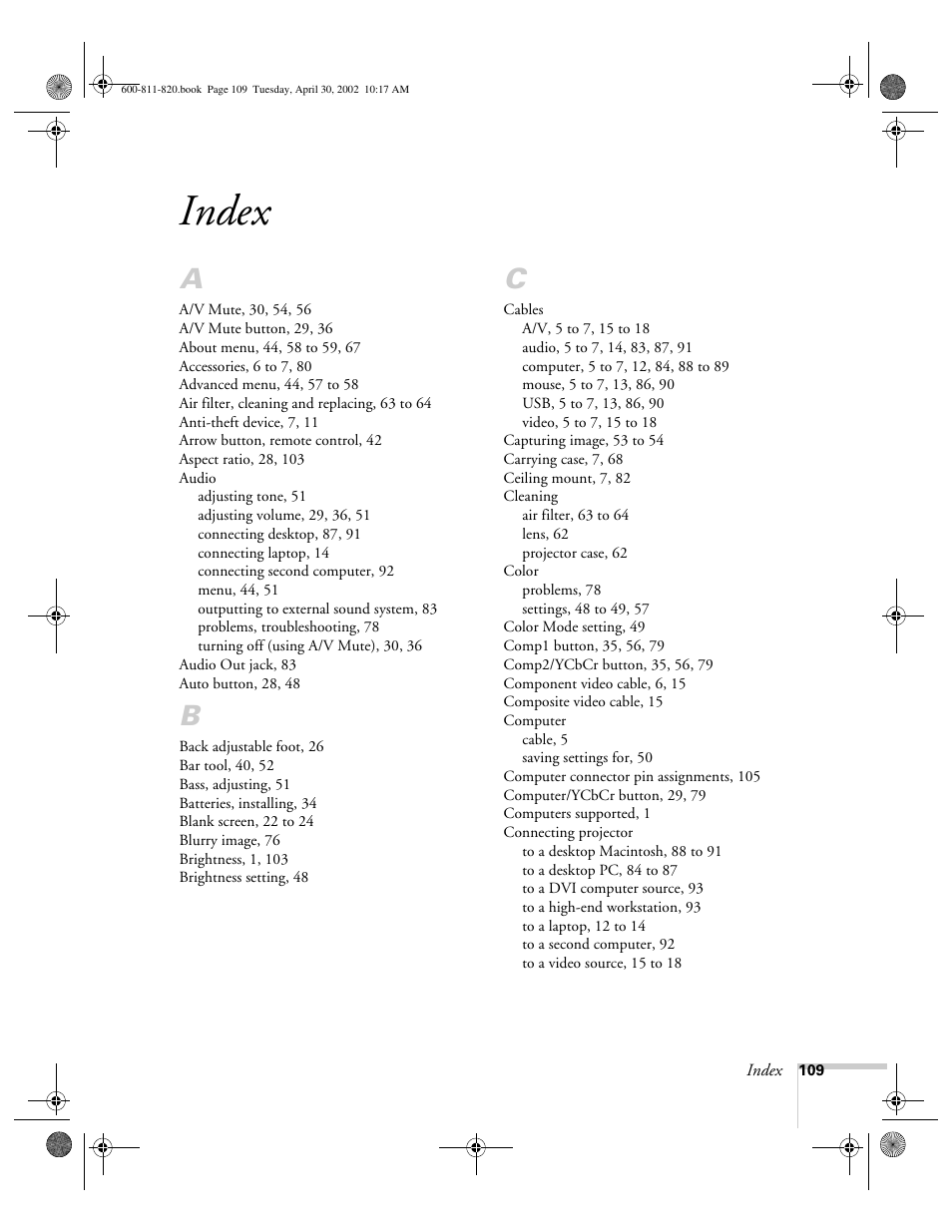 Index | Epson 811p User Manual | Page 115 / 119