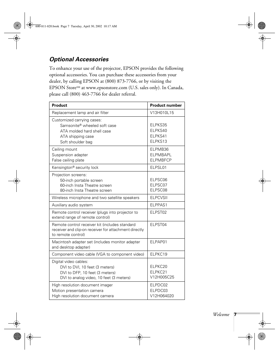 Optional accessories | Epson 811p User Manual | Page 13 / 119