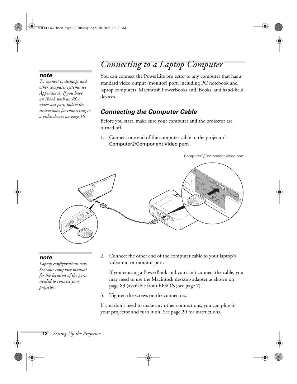 Connecting to a laptop computer, Connecting the computer cable | Epson 811p User Manual | Page 18 / 119