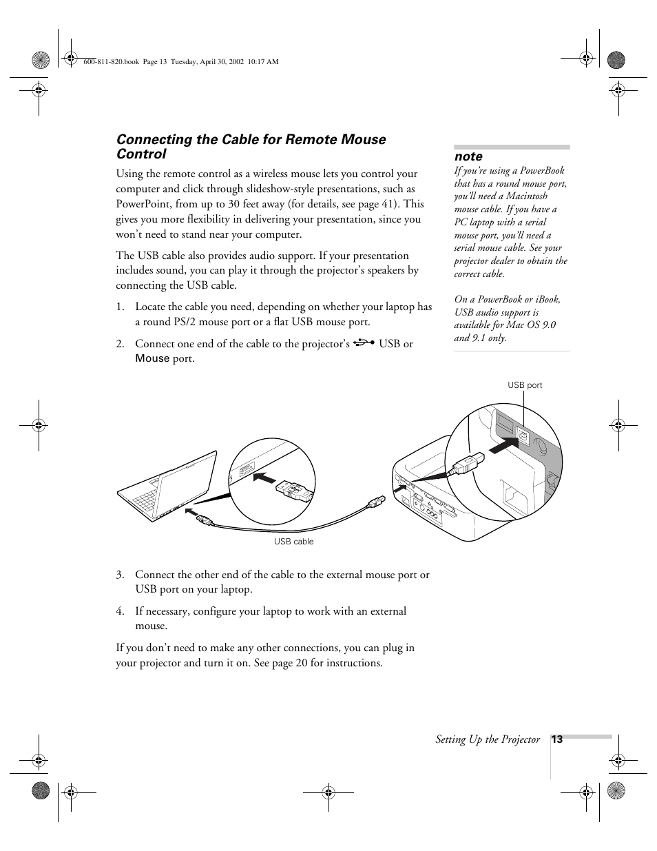 Connecting the cable for remote mouse control | Epson 811p User Manual | Page 19 / 119