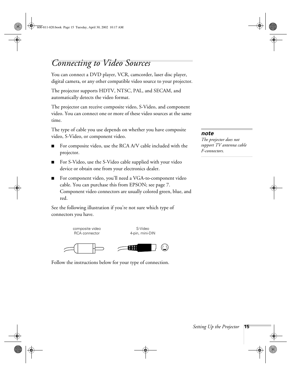 Connecting to video sources | Epson 811p User Manual | Page 21 / 119