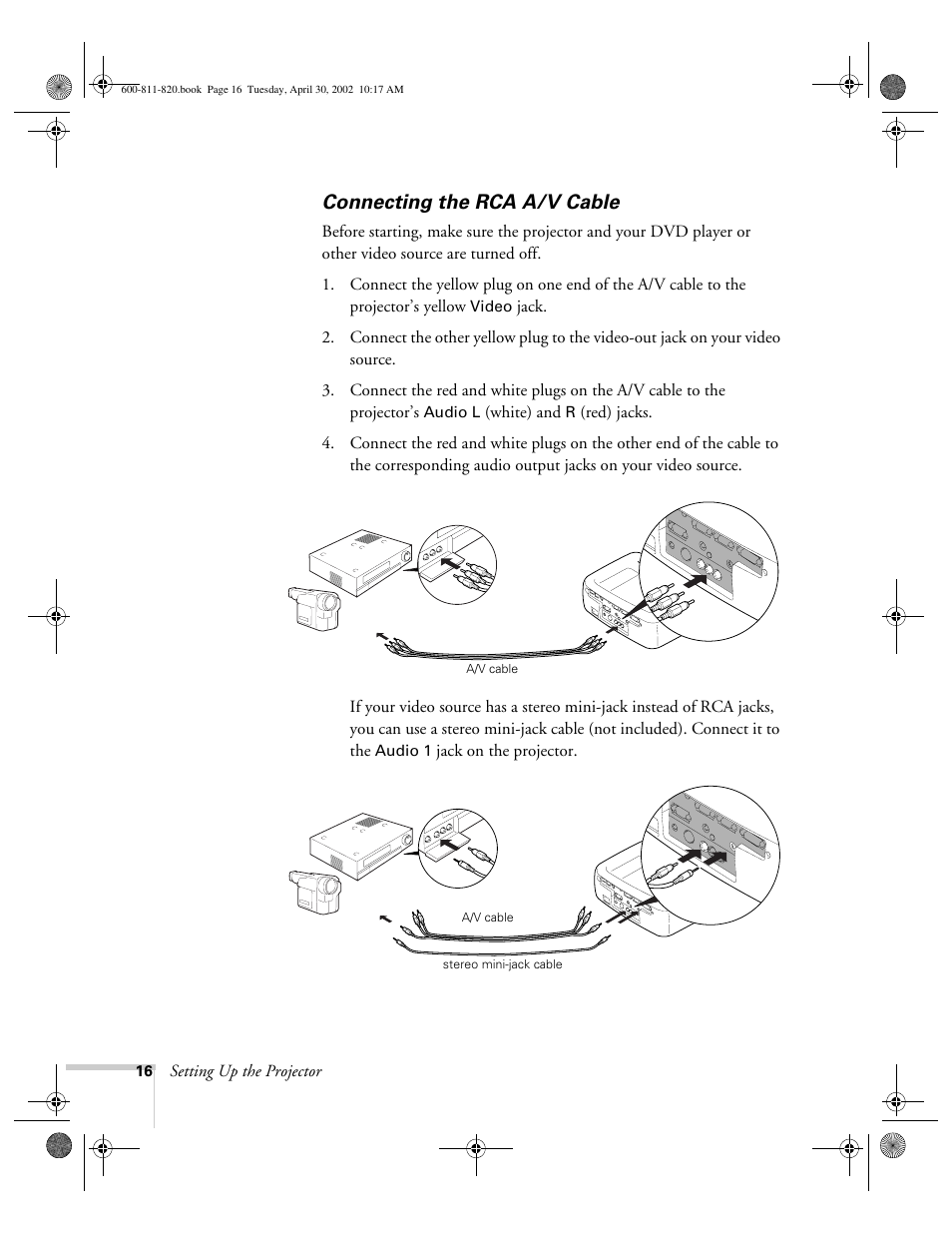 Connecting the rca a/v cable | Epson 811p User Manual | Page 22 / 119