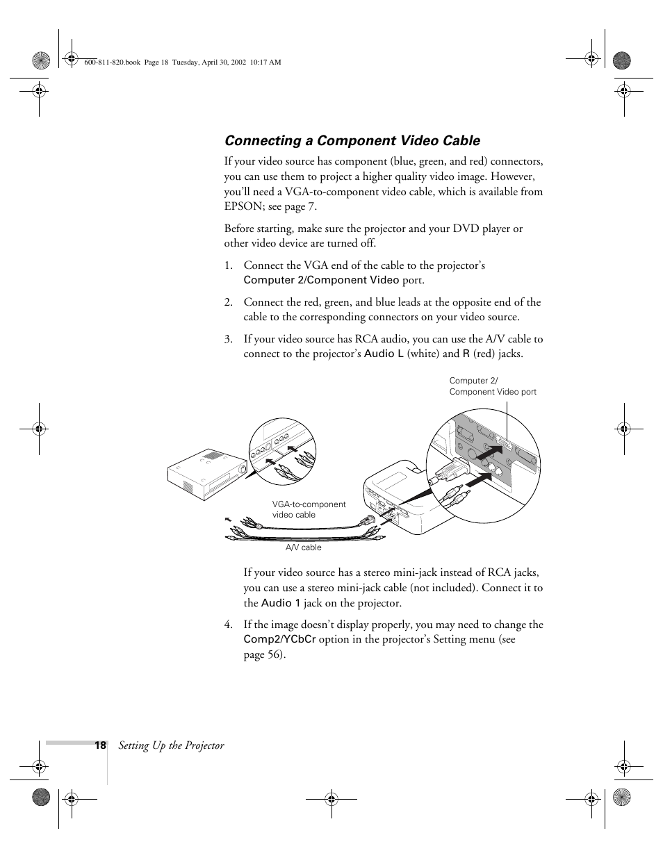 Connecting a component video cable | Epson 811p User Manual | Page 24 / 119