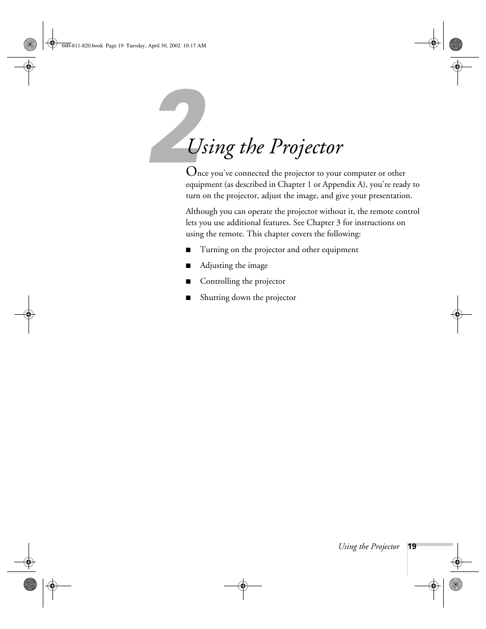Chap 2-using the projector, Using the projector | Epson 811p User Manual | Page 25 / 119