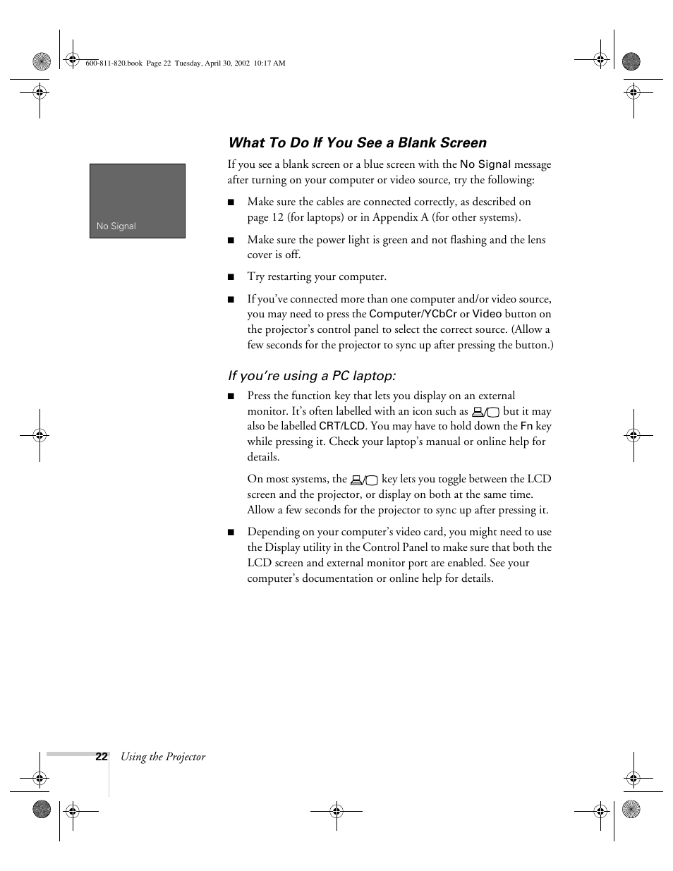 What to do if you see a blank screen | Epson 811p User Manual | Page 28 / 119