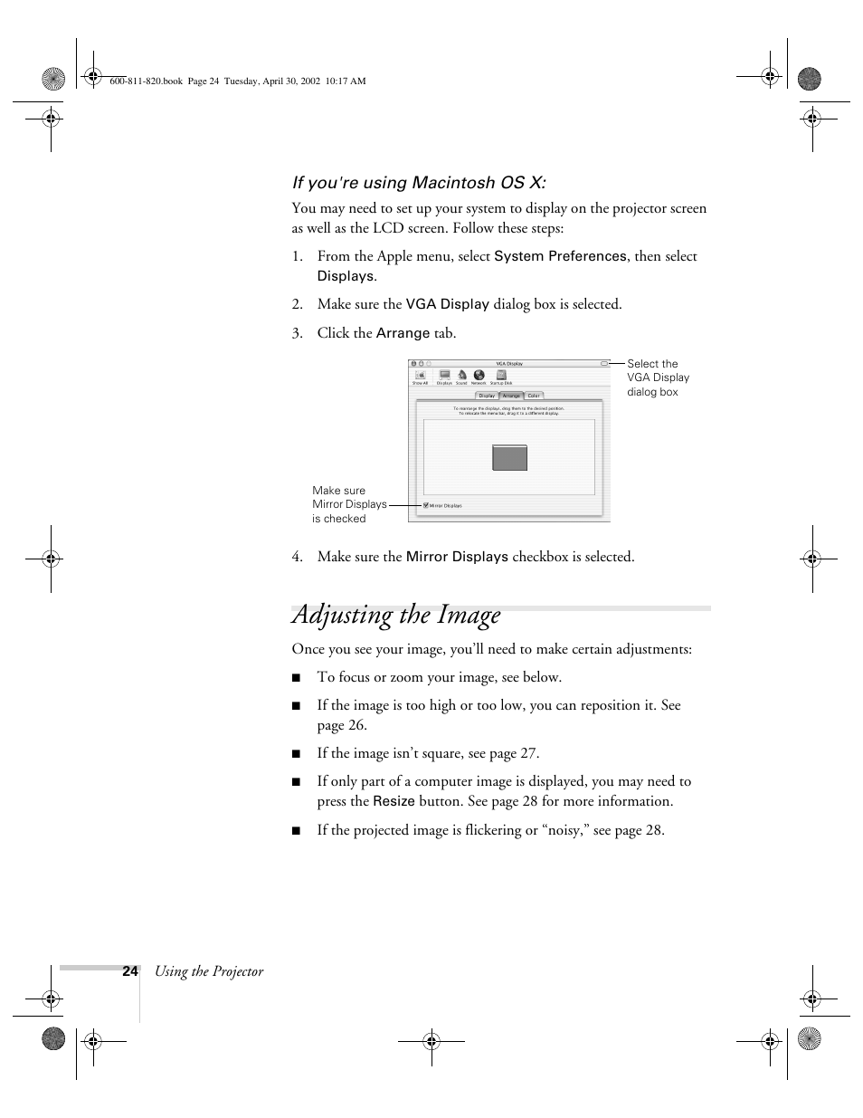 Adjusting the image | Epson 811p User Manual | Page 30 / 119