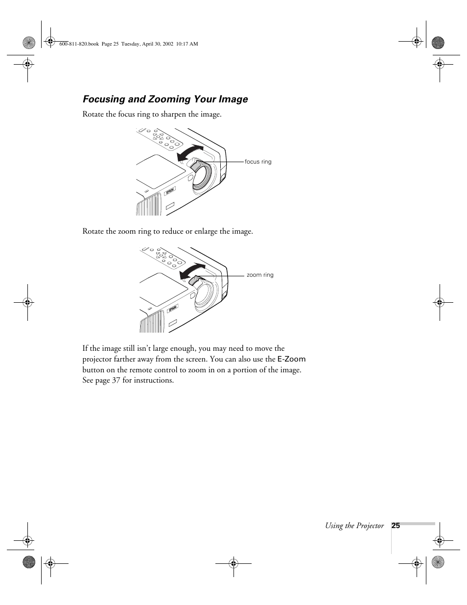 Focusing and zooming your image | Epson 811p User Manual | Page 31 / 119