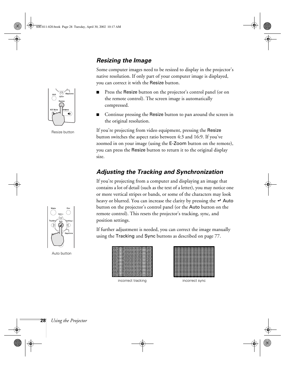 Resizing the image, Adjusting the tracking and synchronization | Epson 811p User Manual | Page 34 / 119