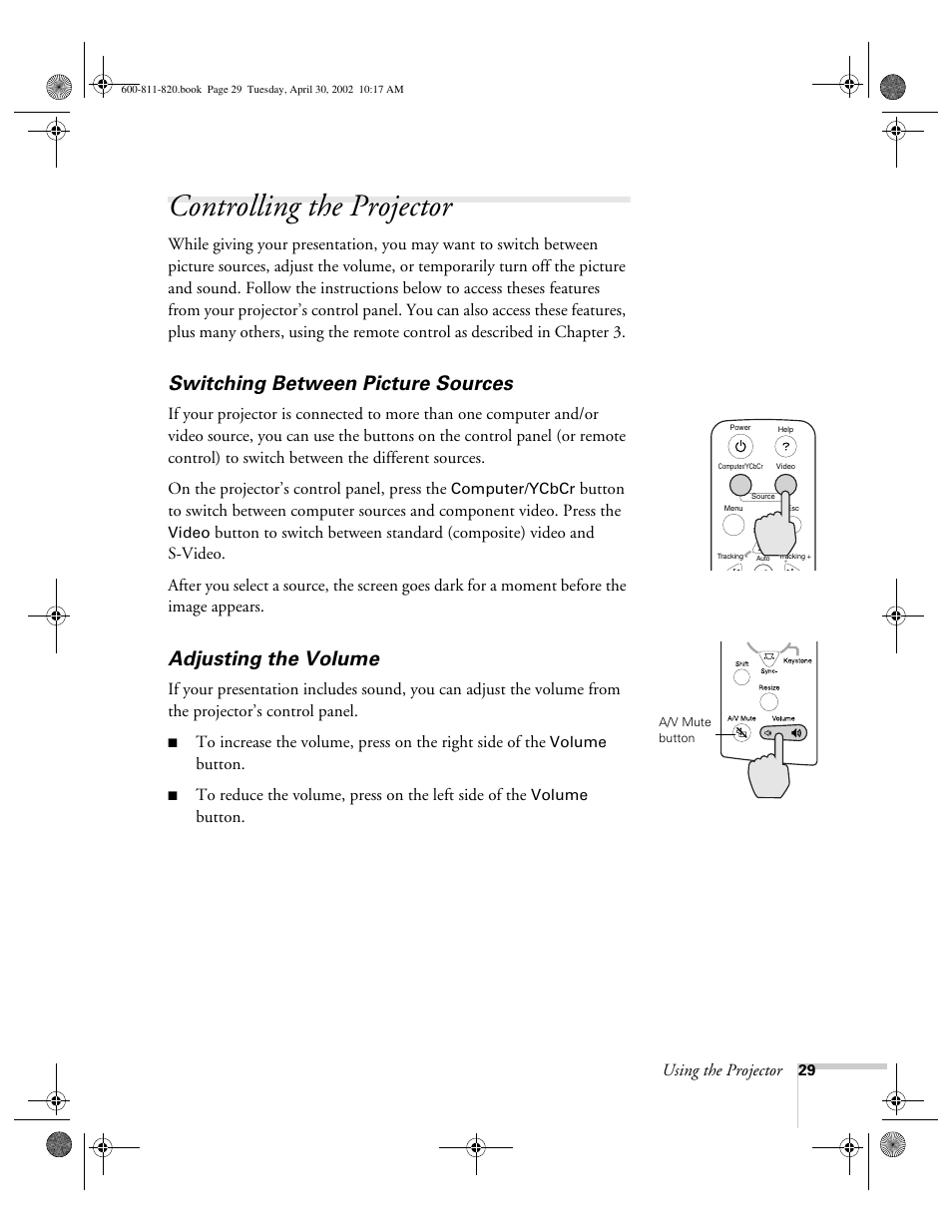 Controlling the projector, Switching between picture sources, Adjusting the volume | Epson 811p User Manual | Page 35 / 119