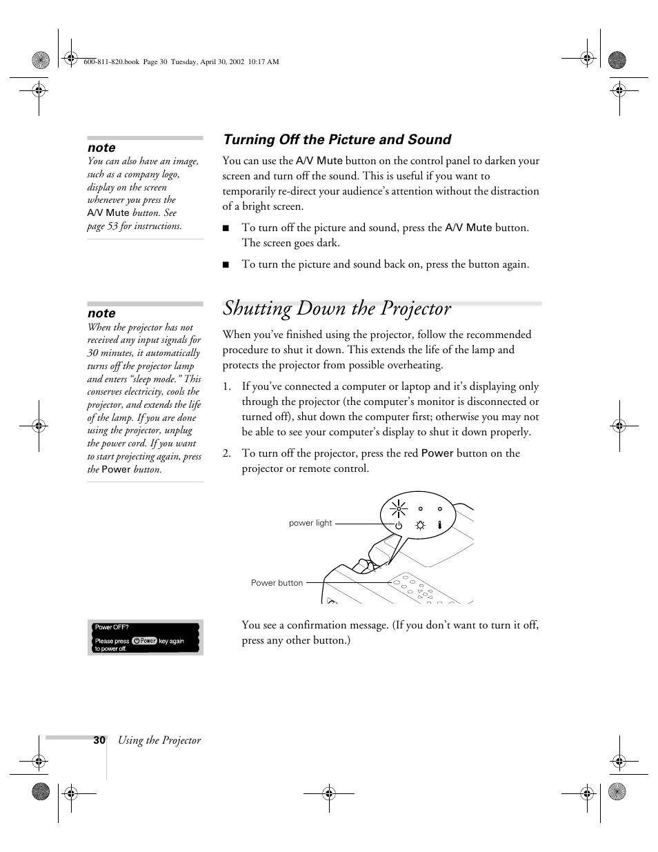 Turning off the picture and sound, Shutting down the projector | Epson 811p User Manual | Page 36 / 119