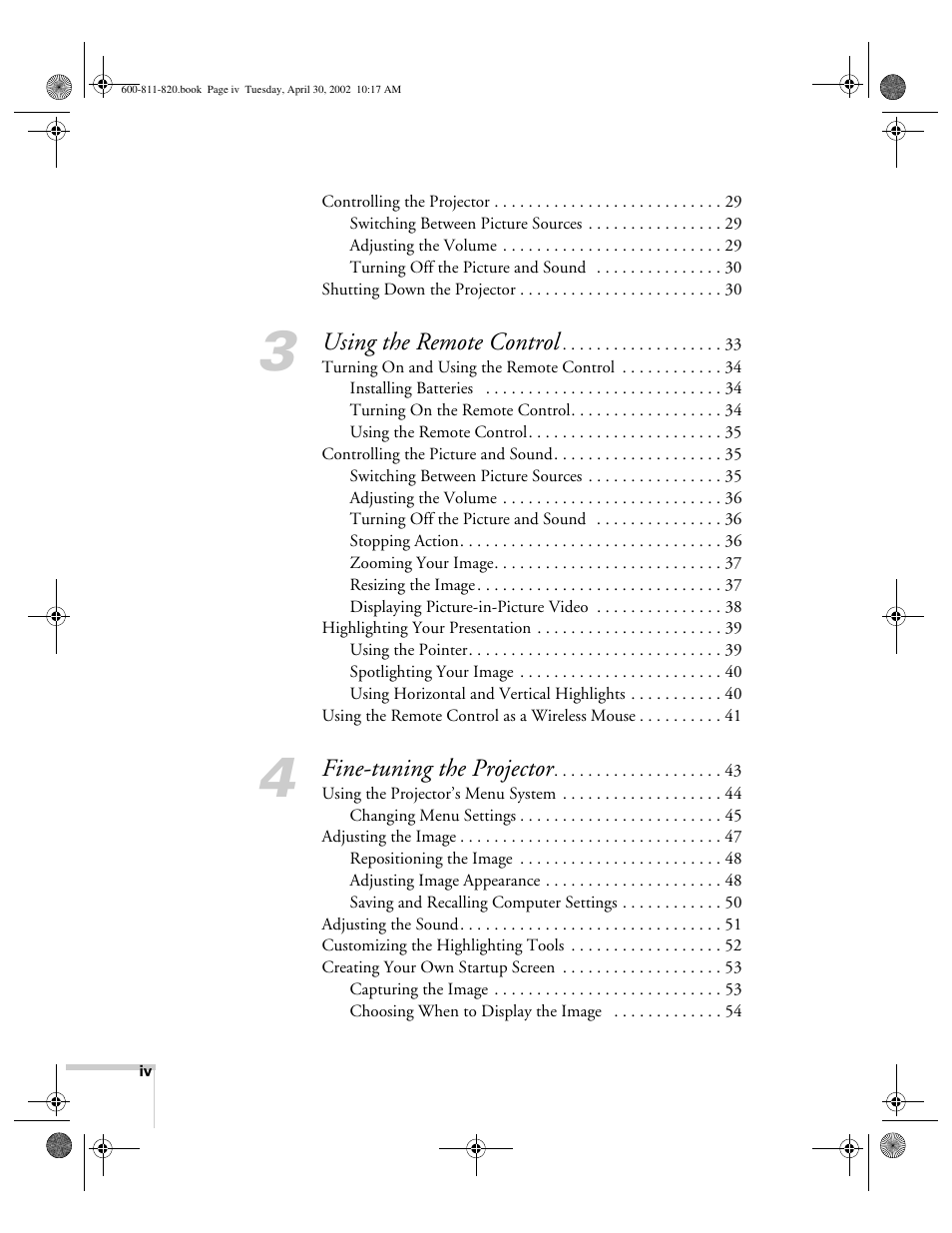 Using the remote control, Fine-tuning the projector | Epson 811p User Manual | Page 4 / 119