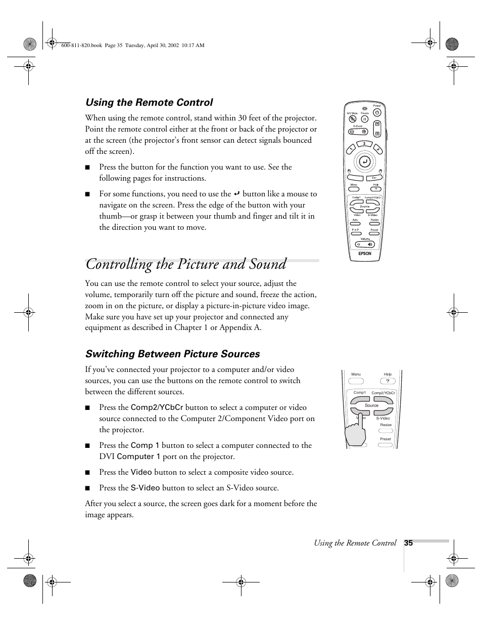 Using the remote control, Controlling the picture and sound, Switching between picture sources | Epson 811p User Manual | Page 41 / 119