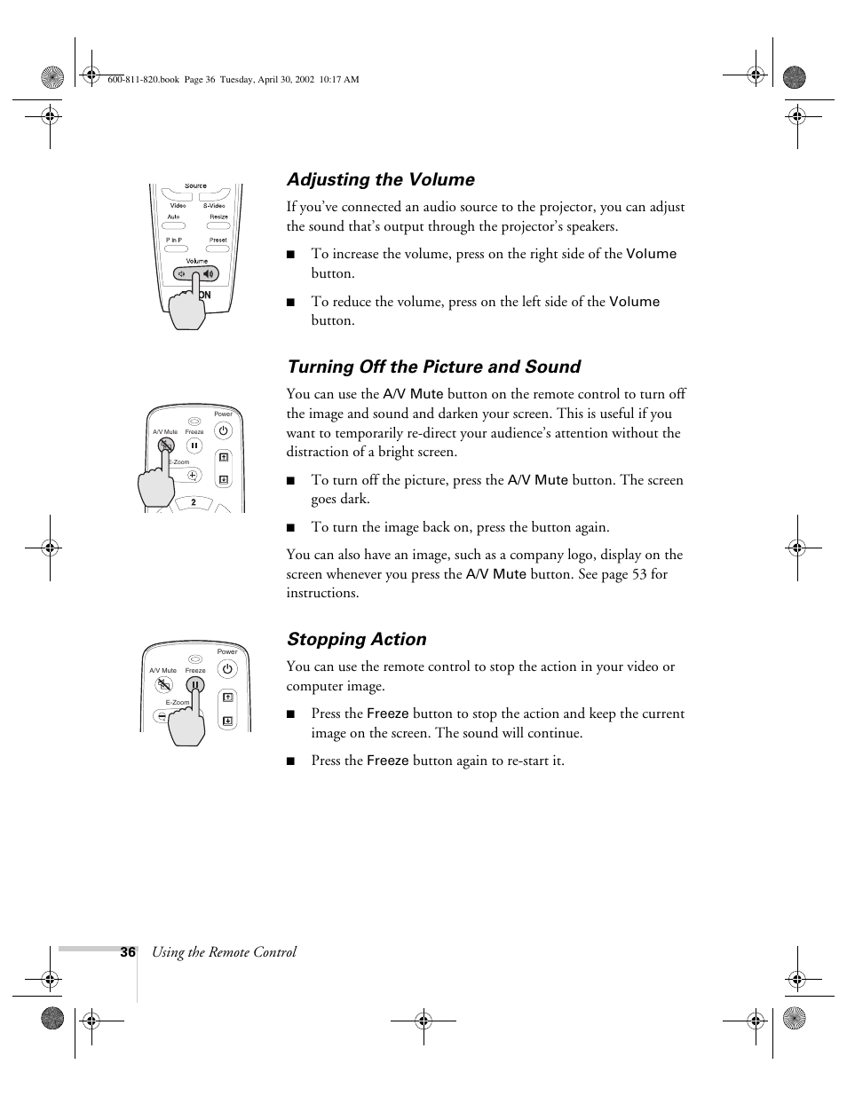 Adjusting the volume, Turning off the picture and sound, Stopping action | Epson 811p User Manual | Page 42 / 119