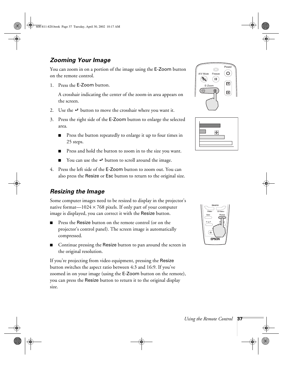 Zooming your image, Resizing the image, Zooming your image resizing the image | Epson 811p User Manual | Page 43 / 119