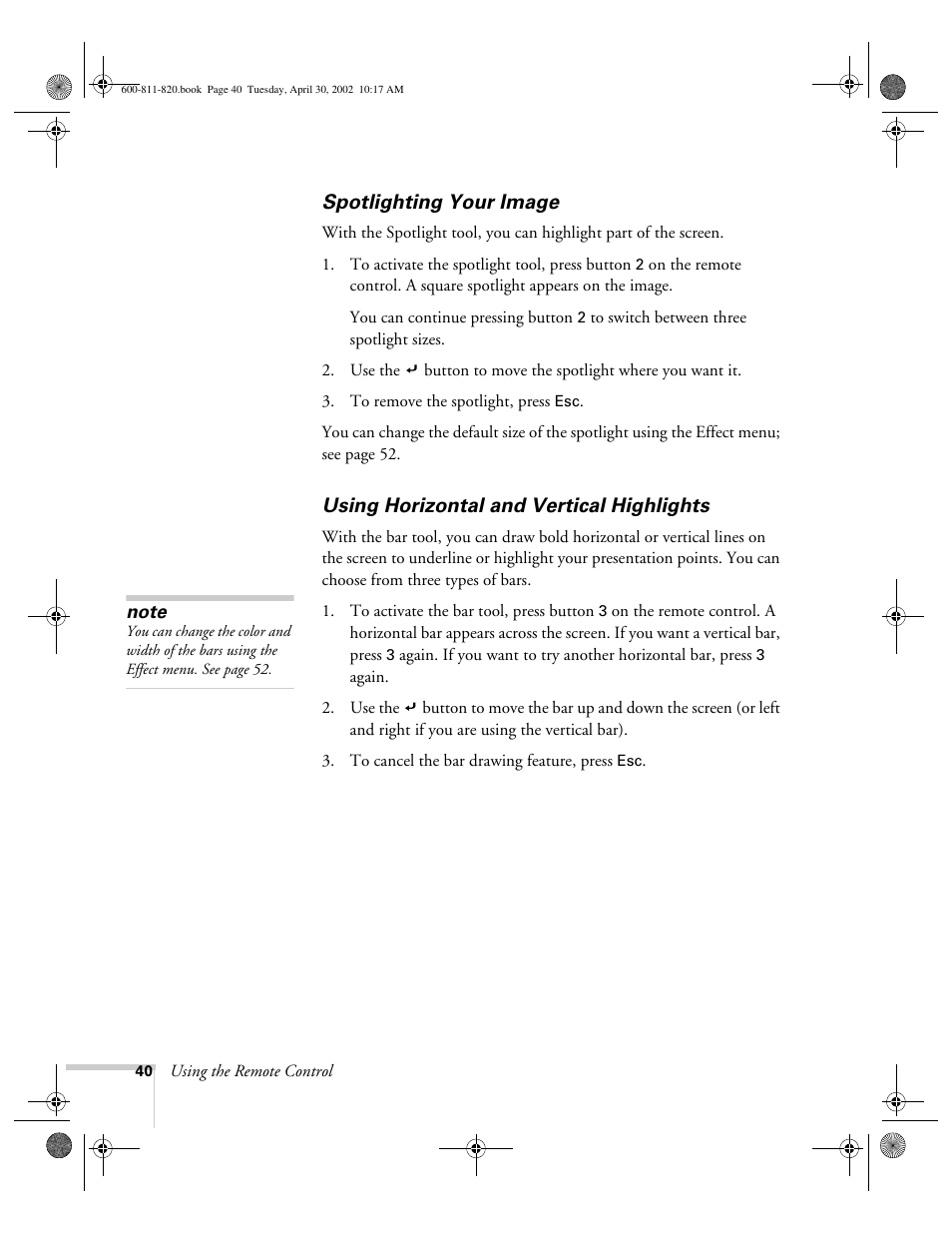 Spotlighting your image, Using horizontal and vertical highlights | Epson 811p User Manual | Page 46 / 119