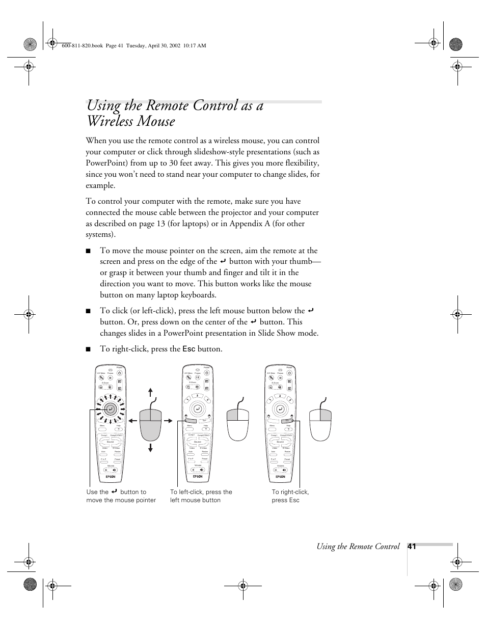 Using the remote control as a wireless mouse, Using the remote control, Button | Use the, Button to move the mouse pointer | Epson 811p User Manual | Page 47 / 119