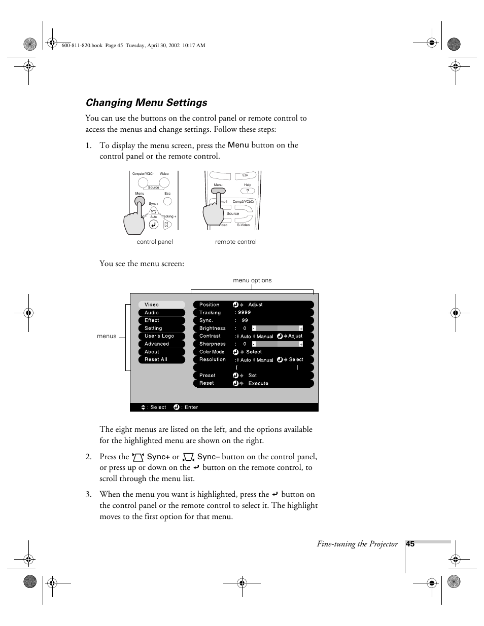 Changing menu settings, Fine-tuning the projector | Epson 811p User Manual | Page 51 / 119