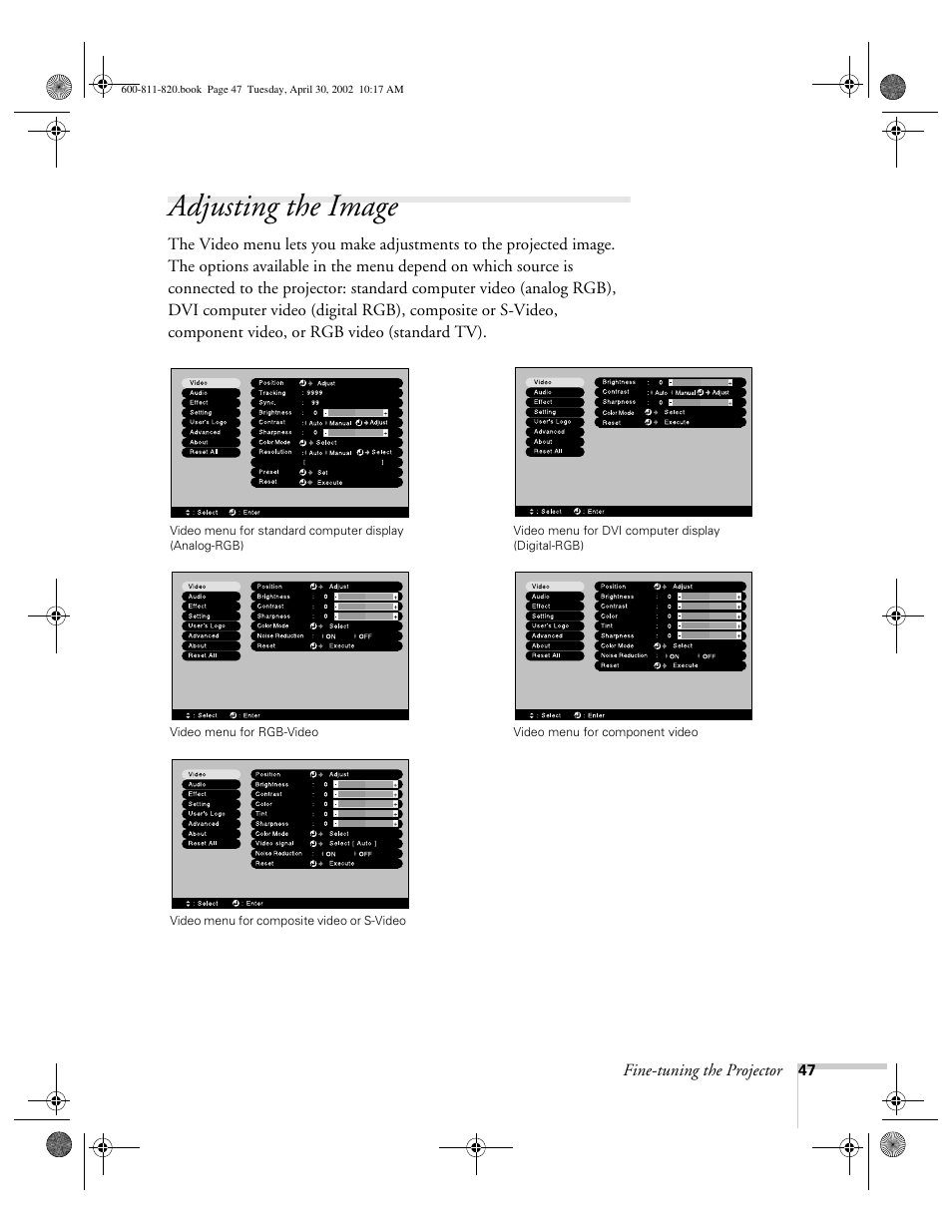 Adjusting the image | Epson 811p User Manual | Page 53 / 119