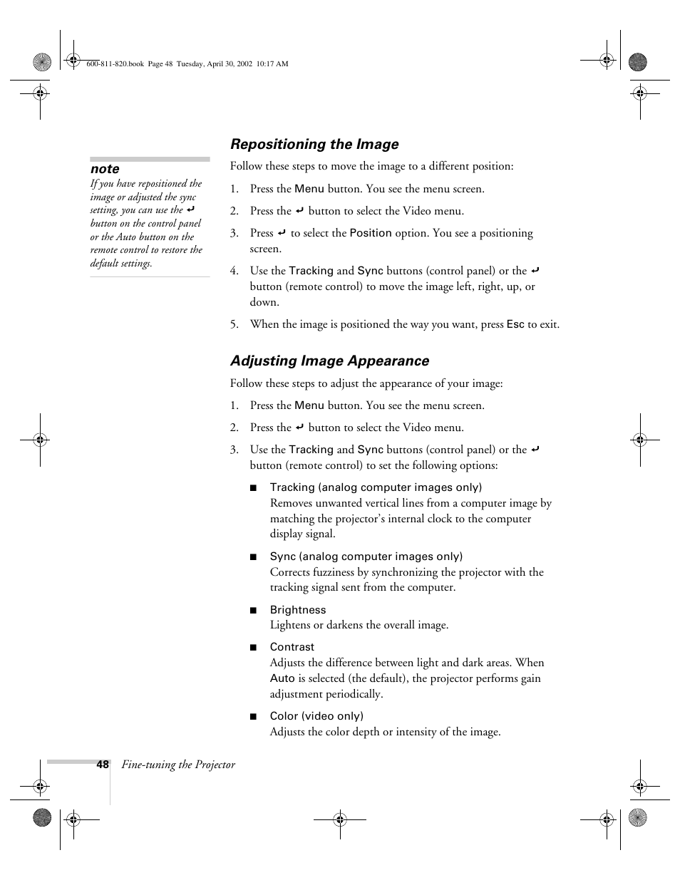 Repositioning the image, Adjusting image appearance, Repositioning the image adjusting image appearance | Epson 811p User Manual | Page 54 / 119