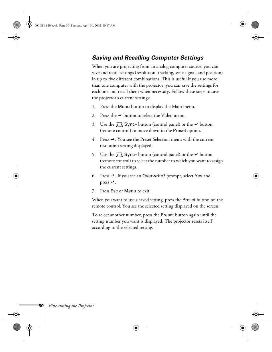 Saving and recalling computer settings | Epson 811p User Manual | Page 56 / 119