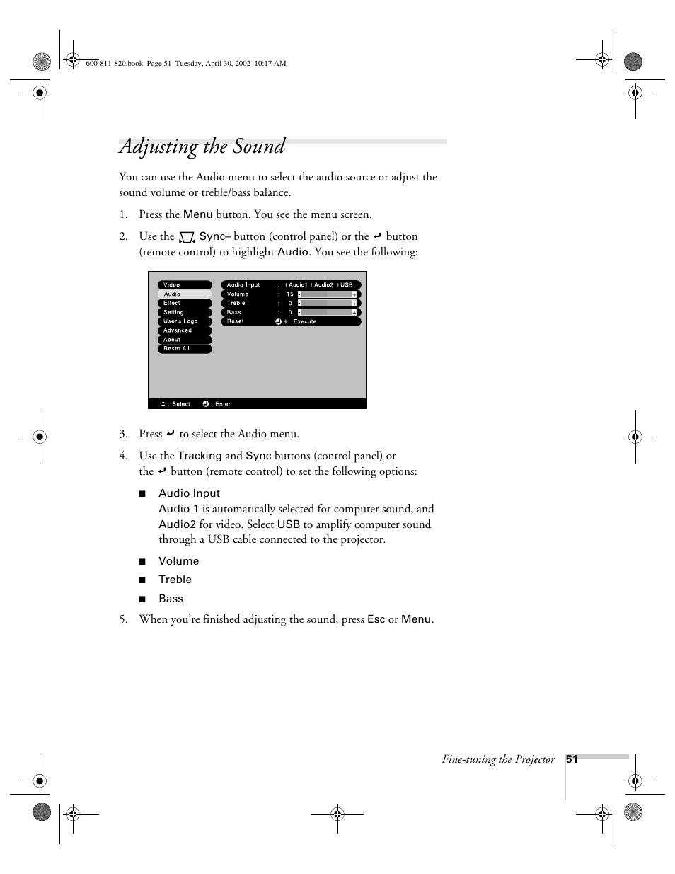 Adjusting the sound | Epson 811p User Manual | Page 57 / 119