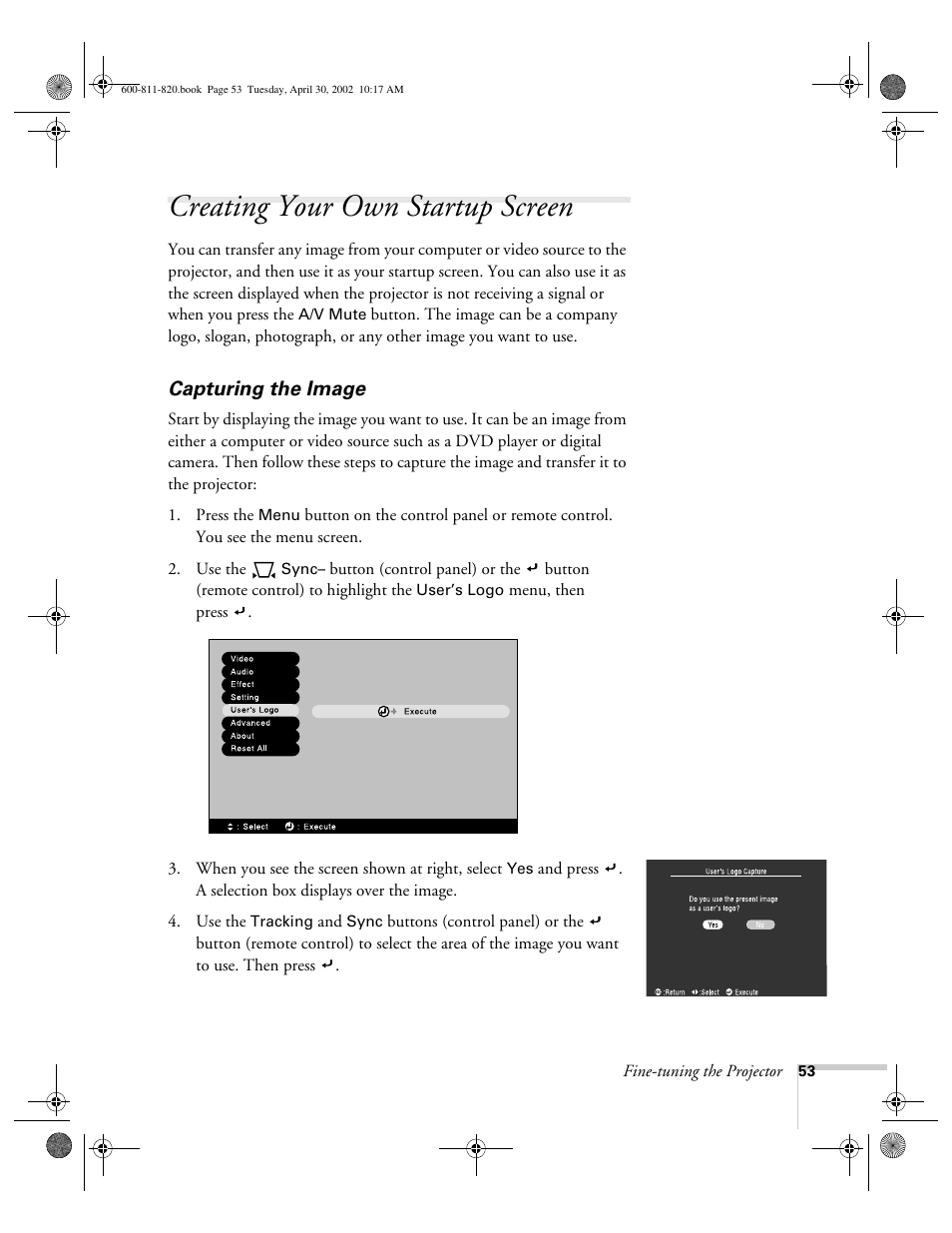 Creating your own startup screen, Capturing the image | Epson 811p User Manual | Page 59 / 119