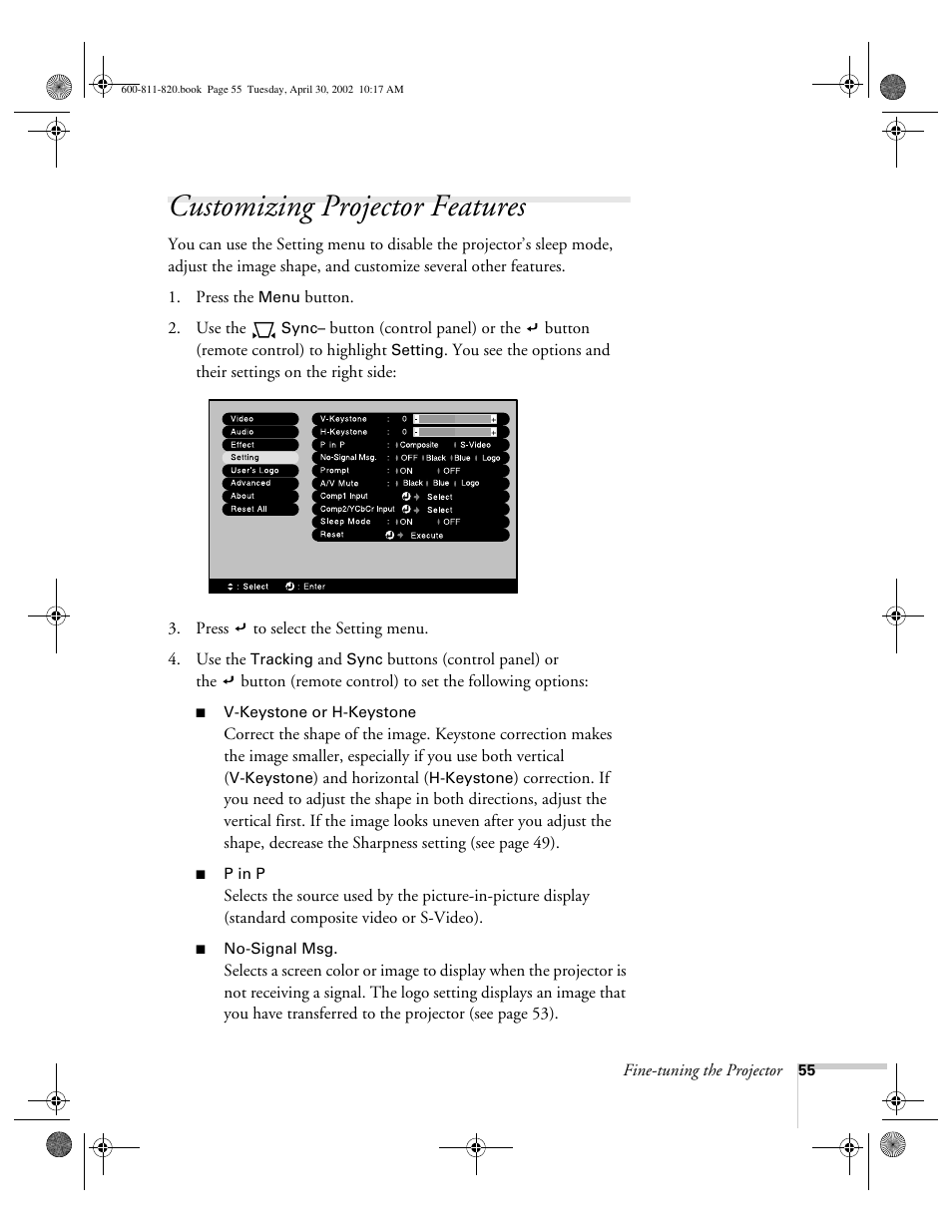 Customizing projector features | Epson 811p User Manual | Page 61 / 119