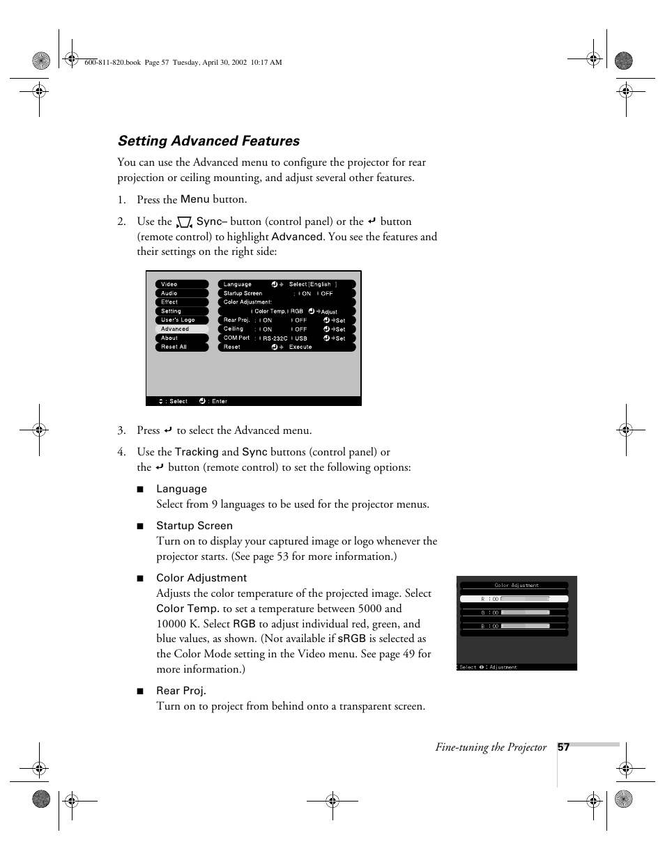 Setting advanced features | Epson 811p User Manual | Page 63 / 119