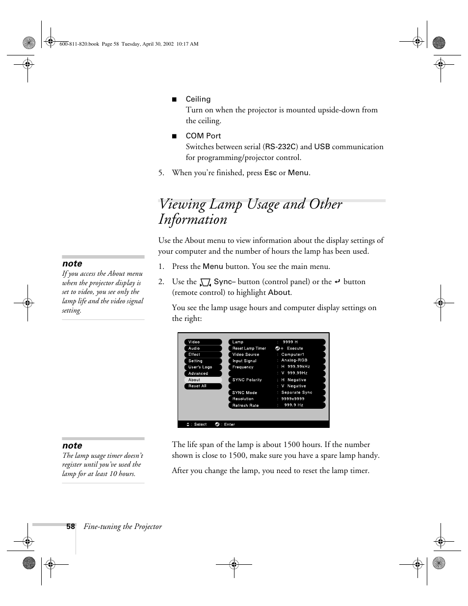 Viewing lamp usage and other information | Epson 811p User Manual | Page 64 / 119