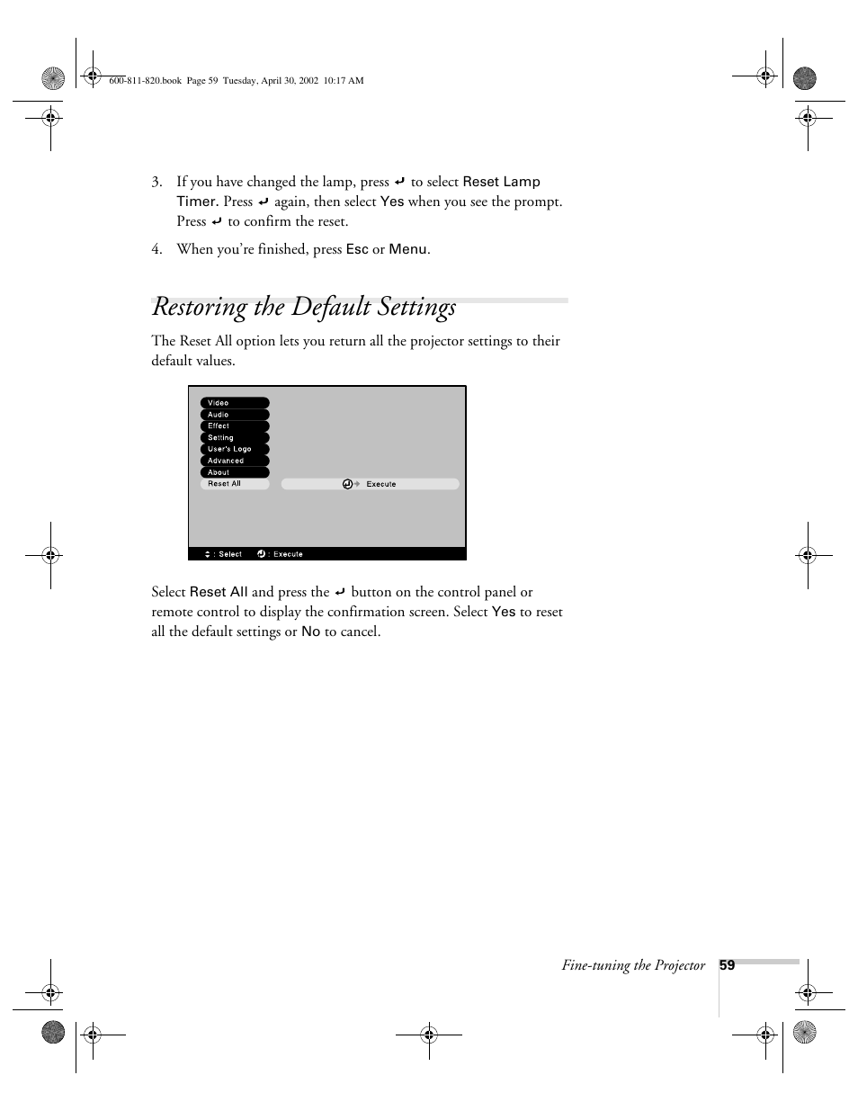 Restoring the default settings | Epson 811p User Manual | Page 65 / 119