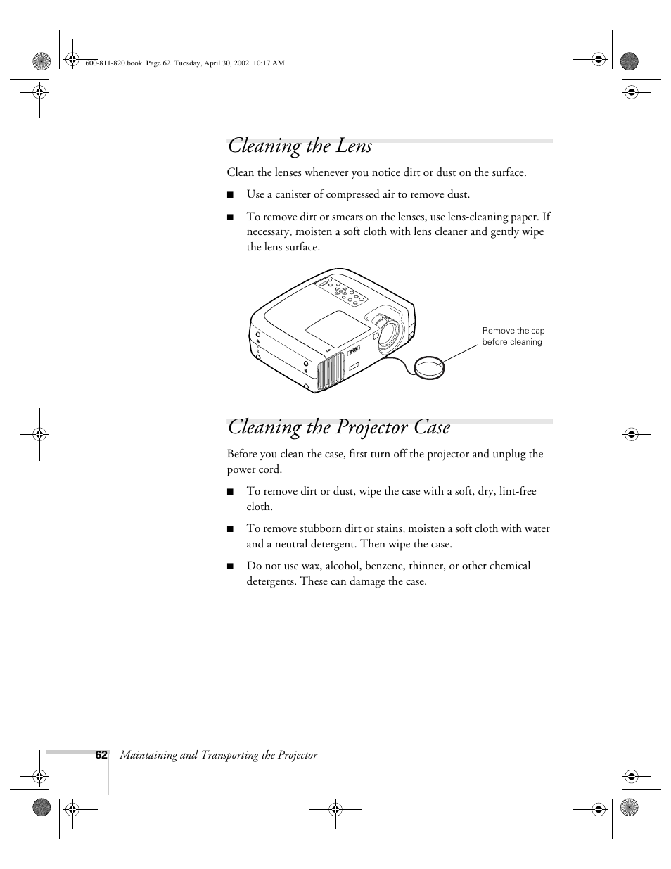 Cleaning the lens, Cleaning the projector case, Cleaning the lens cleaning the projector case | Epson 811p User Manual | Page 68 / 119