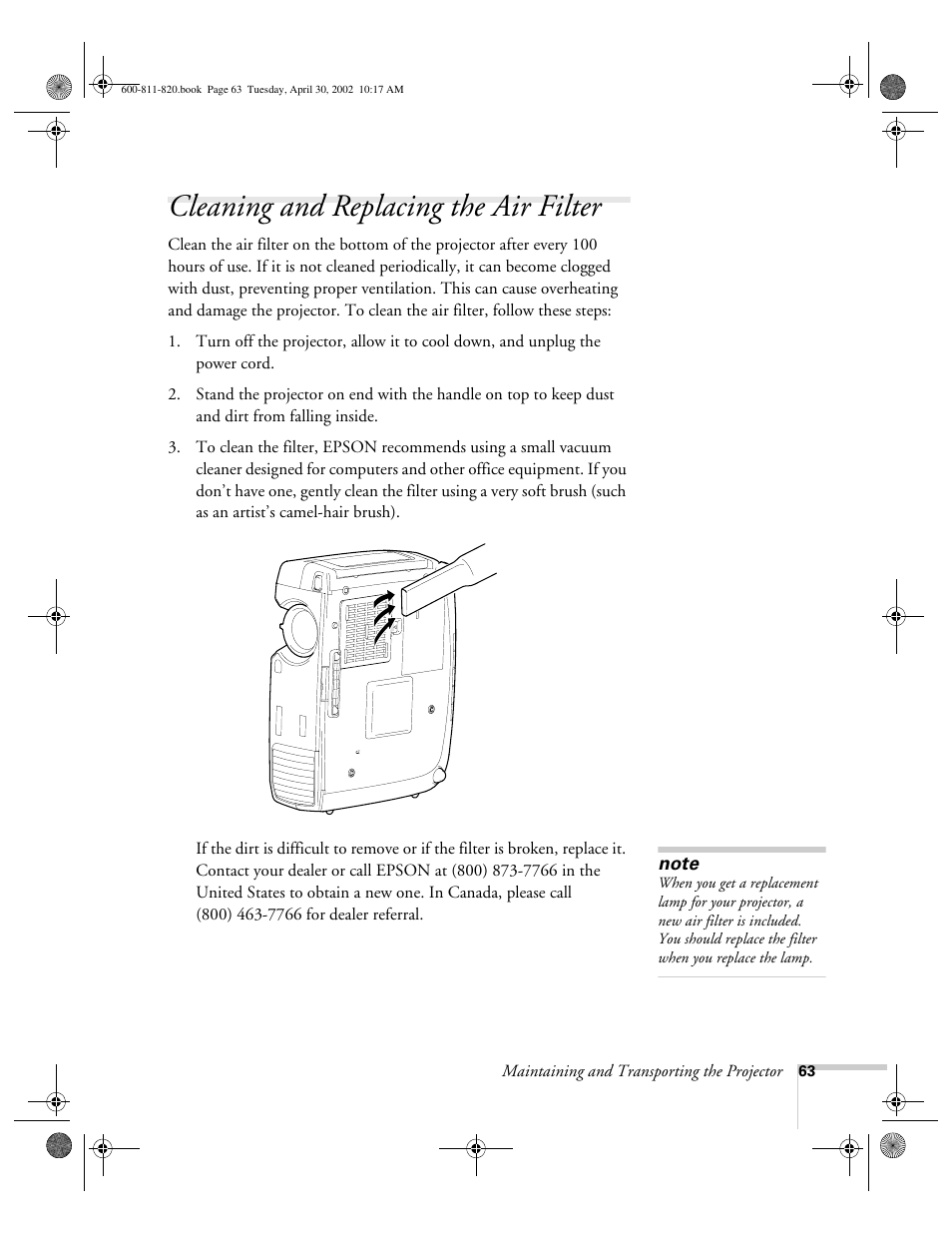 Cleaning and replacing the air filter | Epson 811p User Manual | Page 69 / 119