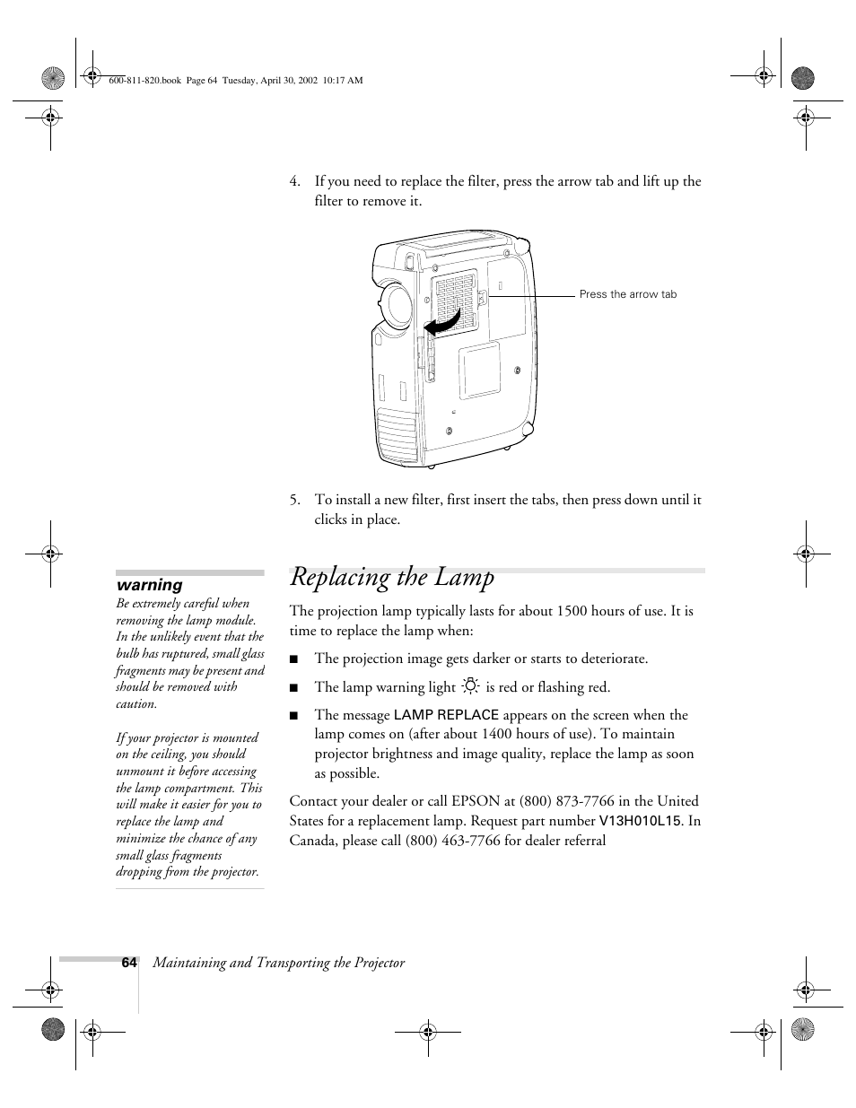 Replacing the lamp | Epson 811p User Manual | Page 70 / 119