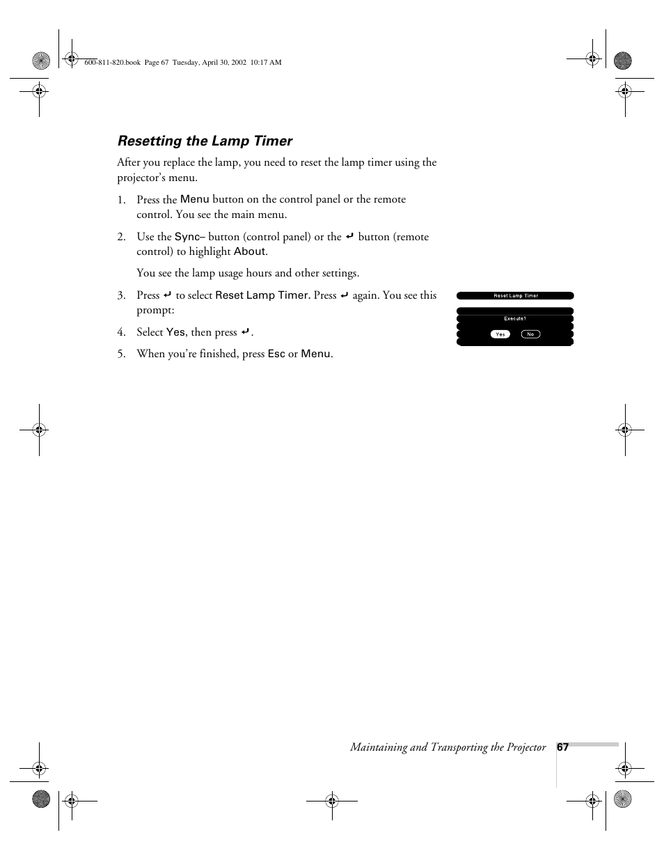 Resetting the lamp timer | Epson 811p User Manual | Page 73 / 119