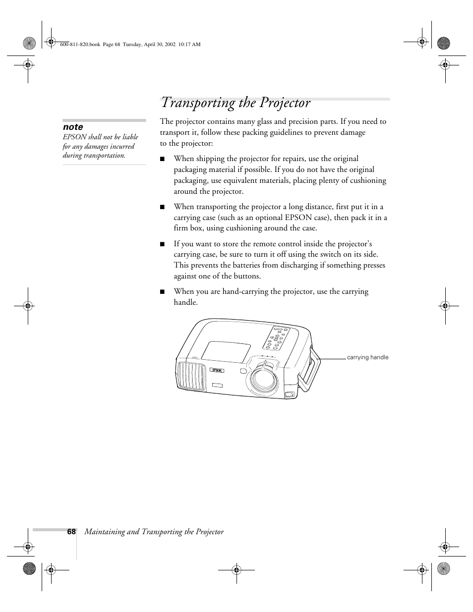 Transporting the projector | Epson 811p User Manual | Page 74 / 119