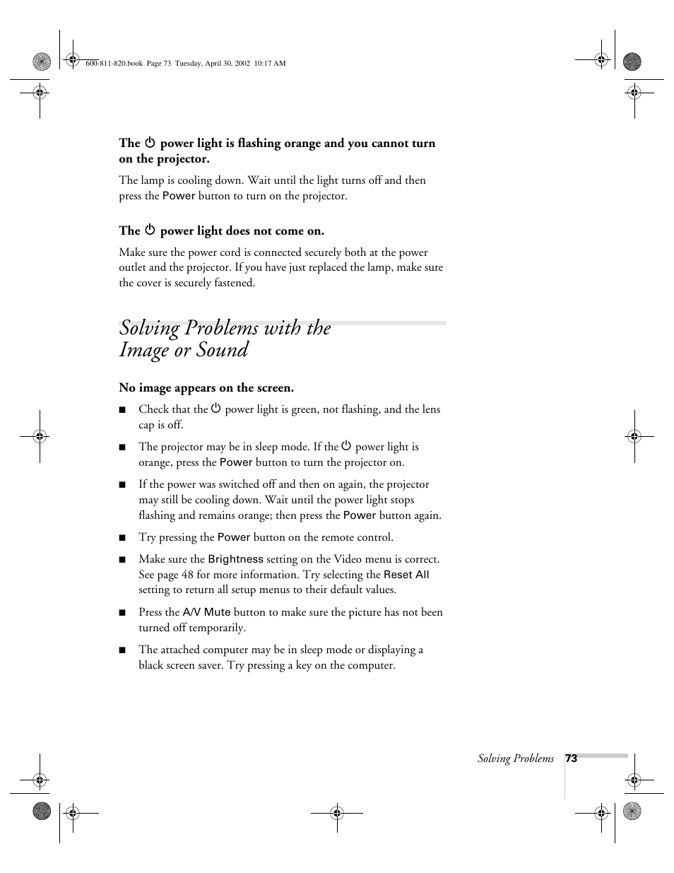 Solving problems with the image or sound | Epson 811p User Manual | Page 79 / 119