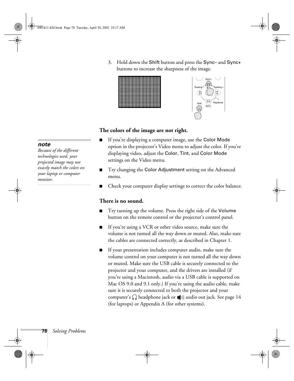 The colors of the image are not right, There is no sound | Epson 811p User Manual | Page 84 / 119