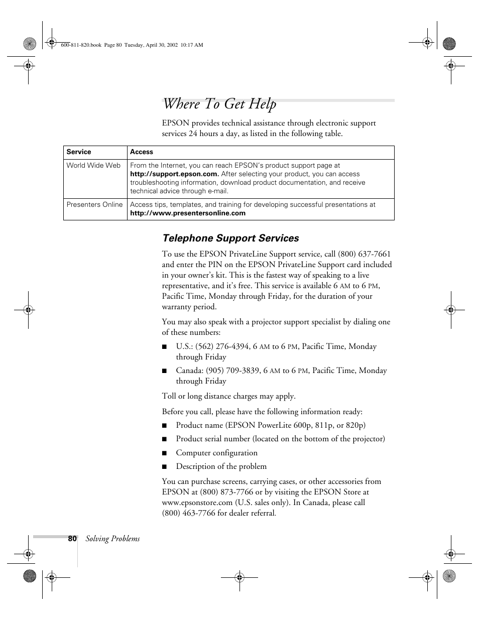 Where to get help, Telephone support services | Epson 811p User Manual | Page 86 / 119