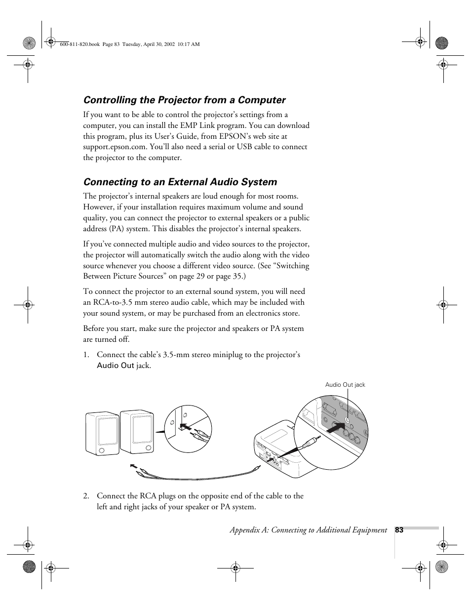 Controlling the projector from a computer, Connecting to an external audio system | Epson 811p User Manual | Page 89 / 119