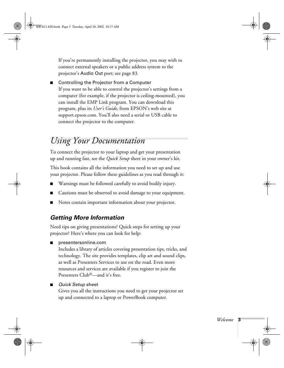 Using your documentation, Getting more information | Epson 811p User Manual | Page 9 / 119