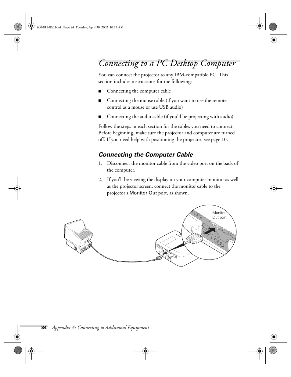Connecting to a pc desktop computer, Connecting the computer cable | Epson 811p User Manual | Page 90 / 119