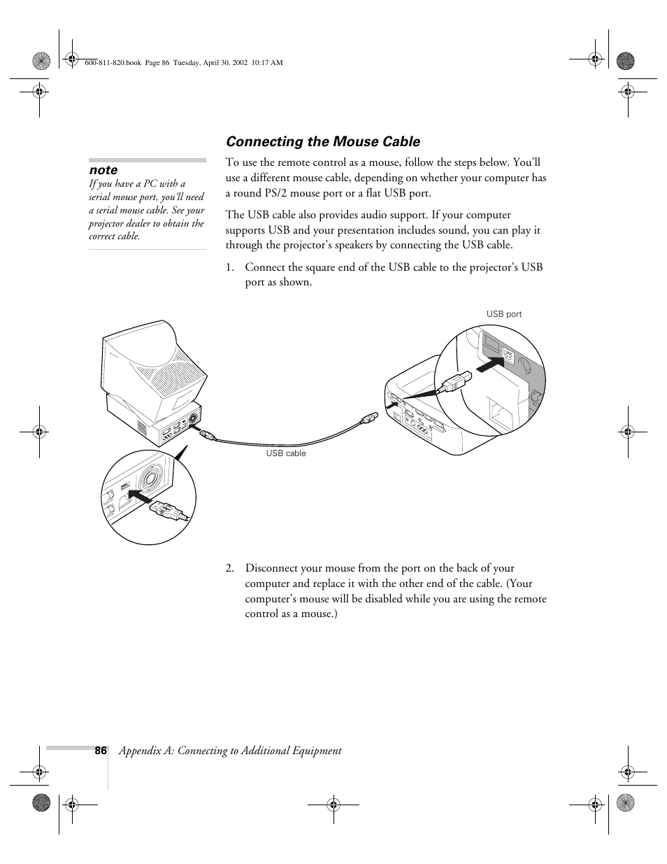 Connecting the mouse cable | Epson 811p User Manual | Page 92 / 119