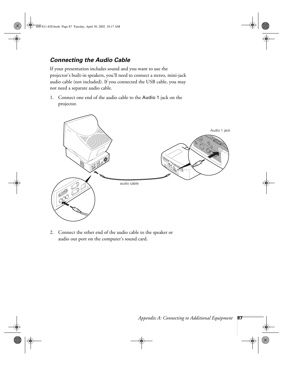 Connecting the audio cable | Epson 811p User Manual | Page 93 / 119