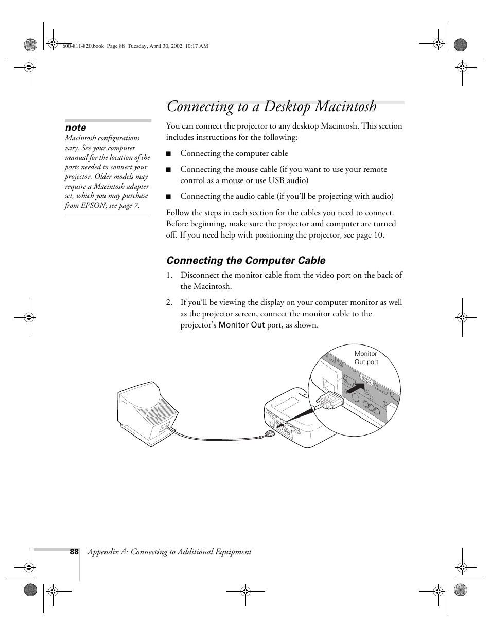 Connecting to a desktop macintosh, Connecting the computer cable | Epson 811p User Manual | Page 94 / 119